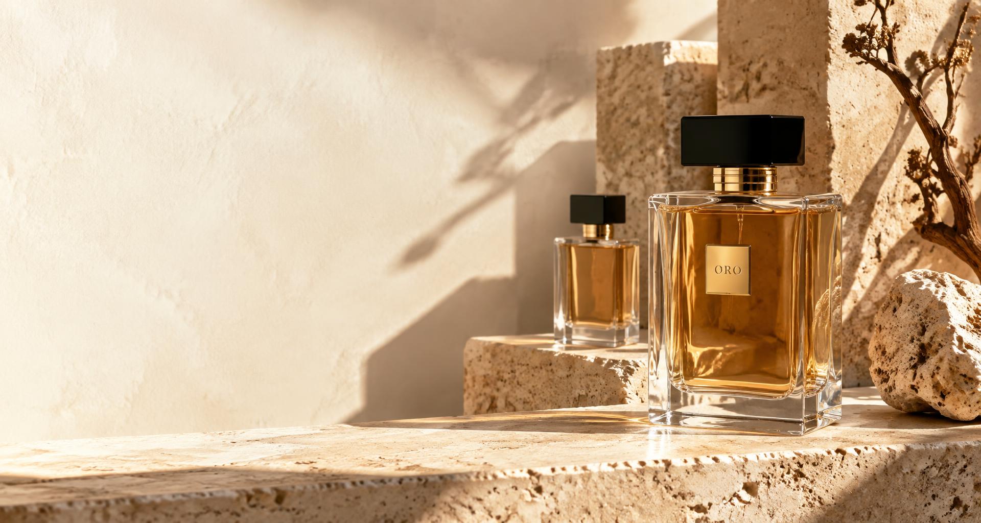 ORO amber perfumes in sunlit travertine, with a black cap and gold detailing